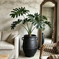 Pot en fibre d'argile fait main Wabi Sabi, avec corde vieillie et poignées gaufrées, pour plantes à feuillage large d'intérieur et d'extérieur, décoration intérieure
