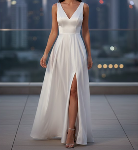 Robe de <span class=keywords><strong>soir</strong></span>ée longue en satin français haut de gamme, col en V, silhouette trapèze, dos nu, antistatique, respirante, tailles XS-3XL disponibles - Product Image 1