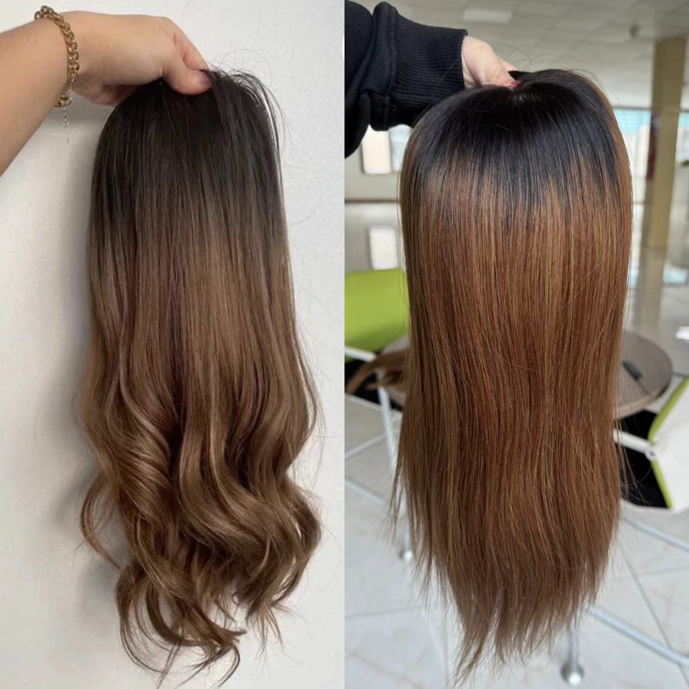 Cina fabbrica di colore marrone Balayage colore Highlight Blend Ombre 6x7 6x8 7x9 ''clip Base di seta in parrucchino capelli umani per donne bianche