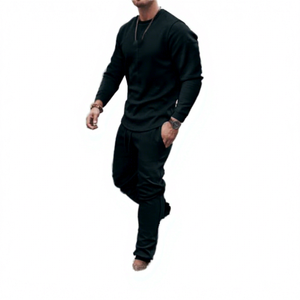 New Trends Mens Solid Color Breathable Printed Sweatsuit Casual Sport Two-Piece Set with Long Sleeve <b>T</b>-<b>Shirt</b> and Trousers - Product Image 1