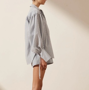 Tùy Chỉnh Lỏng 2 Mảnh Bông Bộ Ngắn Phụ Nữ Quần Áo Trang Phục Giản Dị Phòng Chờ Mặc Sọc Cotton Hữu Cơ 2 Mảnh Thiết Lập Phụ Nữ - Product Image 4