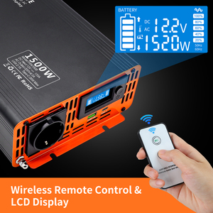 Convertisseur d'ondes sinusoïdales pures monophasé 12V/24V vers 110V/220VAC 1500W, efficacité 90%, prise US/EU, pour voiture, maison et solaire extérieur - Product Image 6