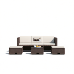 Brown And Cream Garden <b>Sofa</b> <b>Set</b> With Cushions Outdoor Furniture UV Resistant PE Rattan Contemporary Design Waterproof - Product Image 1