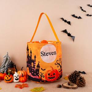 Cubo de dulces personalizado para Halloween con asa, cesta redonda de calabaza de terror, bolsa portátil de almacenamiento con LED para niños - Product Image 2