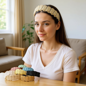 Serre-tête en dentelle à boucle plate pour femme, bandeau tricoté tendance beige multicolore, accessoire ajustable pour usage quotidien - Product Image 3