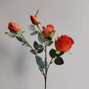 Rose en soie, nouveau design, boule effet brûlé, pour salon, fleurs décoratives, fête des Mères, romantique, 4 têtes, tige unique - Product Image 5