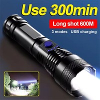 Lampe torche tactique LED avec zoom, 3 modes, rechargeable par USB, batterie au lithium intégrée, corps en ABS, camping, randonnée