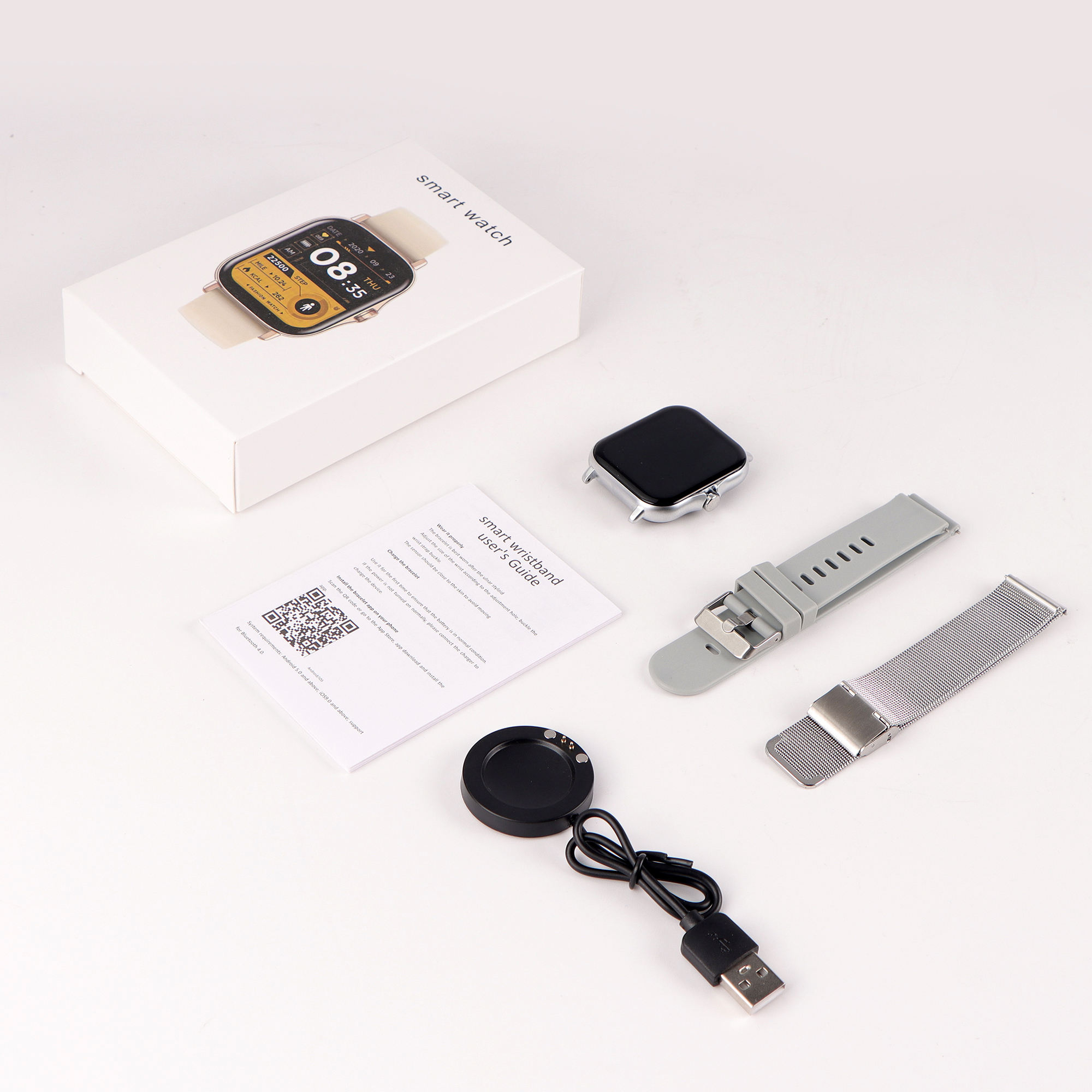 1.83 pollici argento orologio + 2 cintura (acciaio argento + gel di silice)