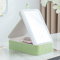 Miroir de courtoisie portable pliable en PU avec lumière LED tricolore, sac de rangement pour maquillage et bijoux en extérieur, produit de beauté et de soins personnels