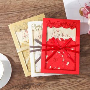 Carte d'invitation de mariage de luxe en or blanc rouge, découpe au laser, carte de vœux avec ruban, décoration de mariage personnalisée gratuite - Product Image 2