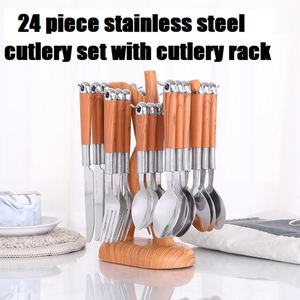 Hot bán gỗ xử lý thép không gỉ Flatware Set Knife phục vụ muỗng nĩa xách tay 24 cái đồ ăn Bộ đồ ăn Set với Rack - Product Image 2