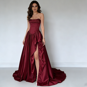 Robes maxi pour femmes, élégantes et romantiques, formelles, à col cœur sans bretelles, corsage en satin, fente haute, traîne en <span class=keywords><strong>A</strong></span> - Product Image 1