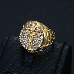 힙합 스타일 18K 골드 예수 십자가 방수 변색 방지 도금 스테인리스 스틸 남성용 반지 - Product Image 1