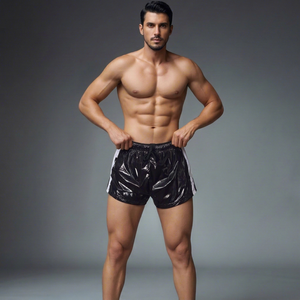 Glossy PU-Nylon Sprint Shorts – <b>Black</b> with <b>White</b> Side <b>Stripes</b> - Product Image 1