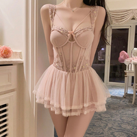 Lingerie sexy femmes forme porter cour française armature avec coussin de poitrine ligne d'os de poisson broderie dentelle corset mini chemise de nuit G4970