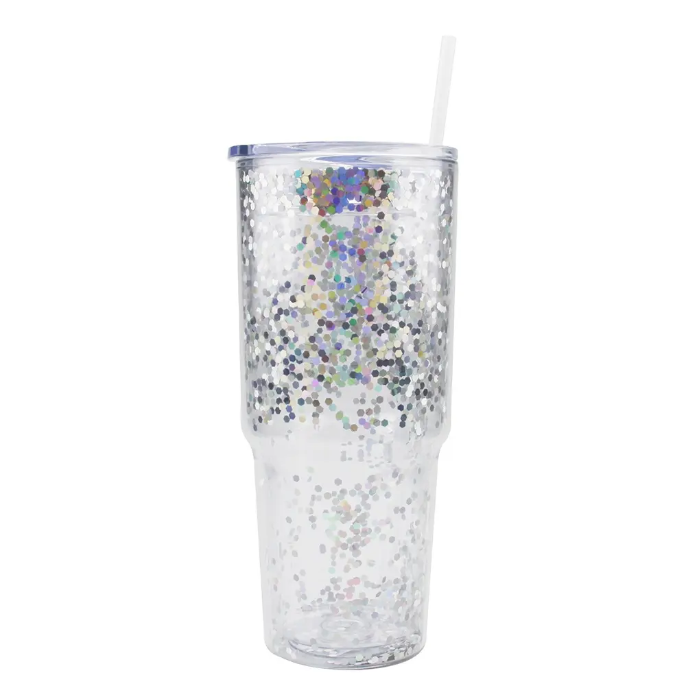 Promosyon hediye BPA ücretsiz Shining plastik kahve fincanları çift duvar Bling Bling suyu kupalar