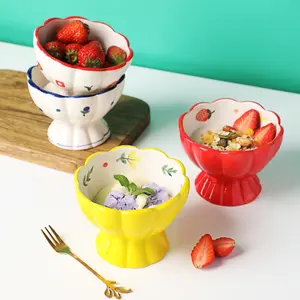 Ciotola da Dessert con piedi in ceramica con Design floreale dipinto a mano per frutta gelato