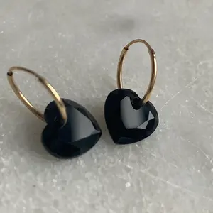 Handmade simple jewelry ladies 925 sterling silver gold plated natural heart moonstone black onyx gemstone hoop earrings