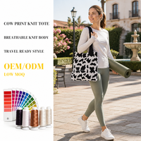 Sac fourre-tout en tricot imprimé vache noir et blanc, sac à bandoulière ouvert, sacs de yoga, mode, shopping quotidien, voyage, logo personnalisé OEM ODM