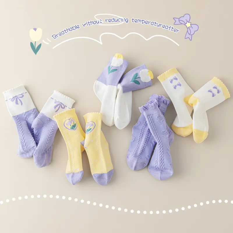 Fabricante de calcetines de algodón para niños, divertido patrón de lazo de flor púrpura, calcetín creativo para niñas, novedad para niños para regalos