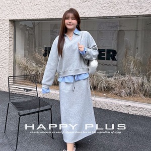 เสื้อสเวตเชิ้ตทรงหลวมแบบสองชิ้นปลอมลายบล็อกสีคอปก Happy Plus สำหรับผู้หญิงไซส์พลัส รุ่นสปริง ระบายอากาศได้ดี ขนาดกลาง - Product Image 2