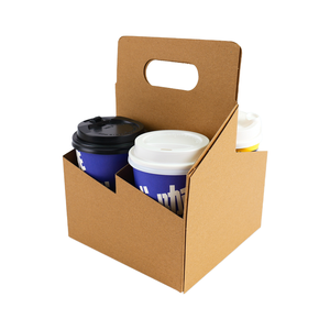 Rigid Corrugated Recycled Four-Cup Beverage Carrier Custom Kraft Paper Self Erecting Foldable Portable Cup Holder Takeaway - Product Image 1