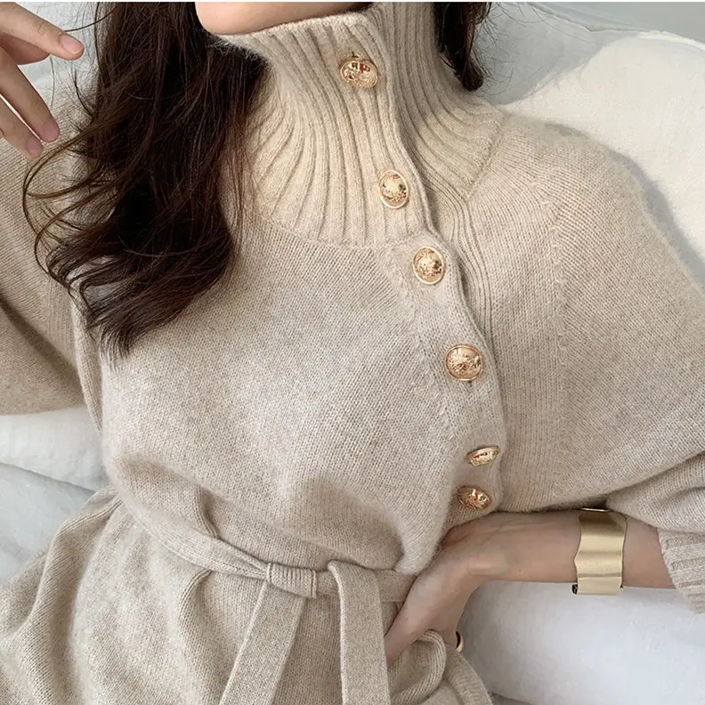 Fashionable women casual loose turtleneck sweater autumn winter lace-up waist mid-length retro knitted dress