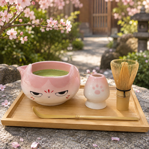 SKYJOY 4-Piece Japanese Design Pink Cat Face Porcelain Matcha Set Spouted Chawan Chasen Holder Bamboo Whisk Scoop for Matcha - Product Image 2