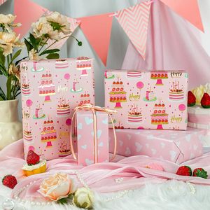 <b>Pink</b> Birthday Gift <b>Wrap</b> Roll 17x33 Feet Metallic Foil Cartoon Cakes Happy Birthday Design For Girls Party Craft Use - Product Image 6