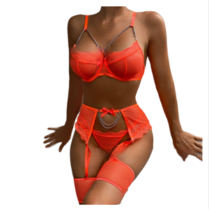 Nuovo Stile Estivo Transfrontaliero, Lingerie Sexy da Donna, Set <span class=keywords><strong>Reggicalze</strong></span> con Rete a Quadretti, Pizzo con Ciglia, Catena e Fiocco, Taglie XXL/XXXL - Product Image 4