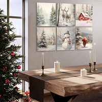 Ensemble de six tableaux muraux de Noël sur toile encadrée, thème scène hivernale (Bonhomme de neige, Renne, Cabane du Père Noël), décoration intérieure style ferme