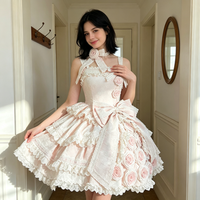 Robe de soirée Lolita brodée de roses roses, robe de bal vintage avec nœud en dentelle florale 3D pour cérémonie de majorité