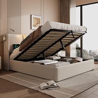 Lit de chambre moderne avec base de lit LED USB, tête de lit, lattes doubles, espace de rangement, rembourré pour 2 personnes (sans matelas)