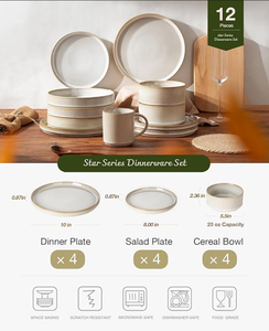 Service de vaisselle en céramique écologique personnalisable, 4 pièces, assiettes et bols en porcelaine légers, résistants aux rayures, qualité alimentaire - Product Image 2
