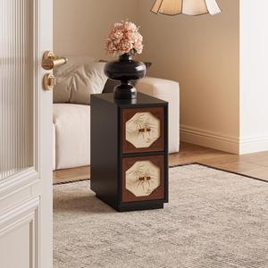 Vintage Style <b>Narrow</b> Bamboo Leaf Nightstand Dark Brown Wood <b>Storage</b> Cabinet For Bedroom - Product Image 1
