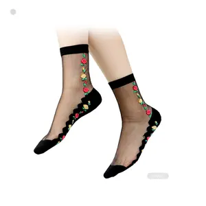 BX-L0027 Women Thin Sheer Ankle Lace Socks With Flower