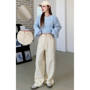 Jeans Crème à Jambes Larges pour Femmes, Mode Luxe Funky, Taille Haute, Coupe Ample, Tissu Écologique, Denim, Taille 26-40 OSCA - Product Image 5