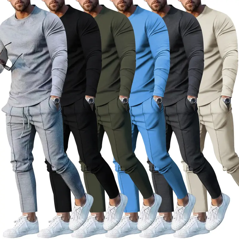 Benutzer definierte Herren bekleidung Zweiteiliges Set Rundhals ausschnitt Langarm T-Shirt Hose Jogging anzug Lässiger Trainings anzug für Herren-Sets