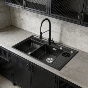 Évier de cuisine multifonctionnel à ultrasons en acier inoxydable 304 à double bac, à poser sur le plan, avec égouttoir, pour usage domestique – Le choix le plus populaire - Product Image 1