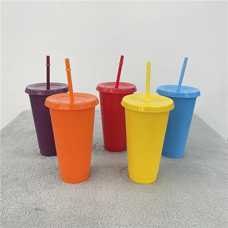factory price 16oz 24oz glitter Reusable plastic iced cold cups set of 5 Stadium glitter Cold Smoothie Cups for cold water drink