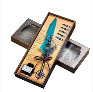 Retro Style Fountain Pen Feather Dip Pen with Quill Decoration Calligraphy Pen with Gift Box