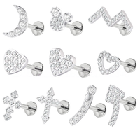 316L Stainless Steel Zircon Piercing Earrings Tragus Helix Daith Lobe Devil Flat Back Ear Nose Stud Labret Body Piercing Jewelry