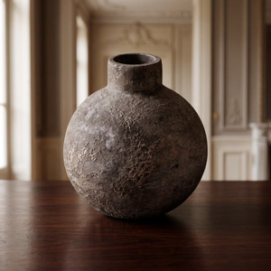 Jarrón redondo balinés antiguo con trabajo artesanal rústico, un diseño redondo de textura rugosa y un encantador aspecto de piedra antigua. - Product Image 1