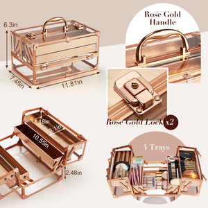 Rose Gold Clear Acrylic <b>Makeup</b> <b>Case</b> with 4 Trays Transparent Cosmetic Organizer Box for Storage and Travel <b>Makeup</b> Box Storage - Product Image 5