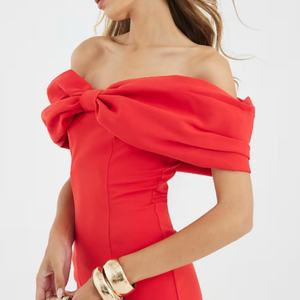 Vestido Midi Rojo Estilo Bardot con Lazo, Cuello Cuadrado, Cintura Elástica, Estilo Bohemio Informal, Tejido para Primavera/Verano - Product Image 2