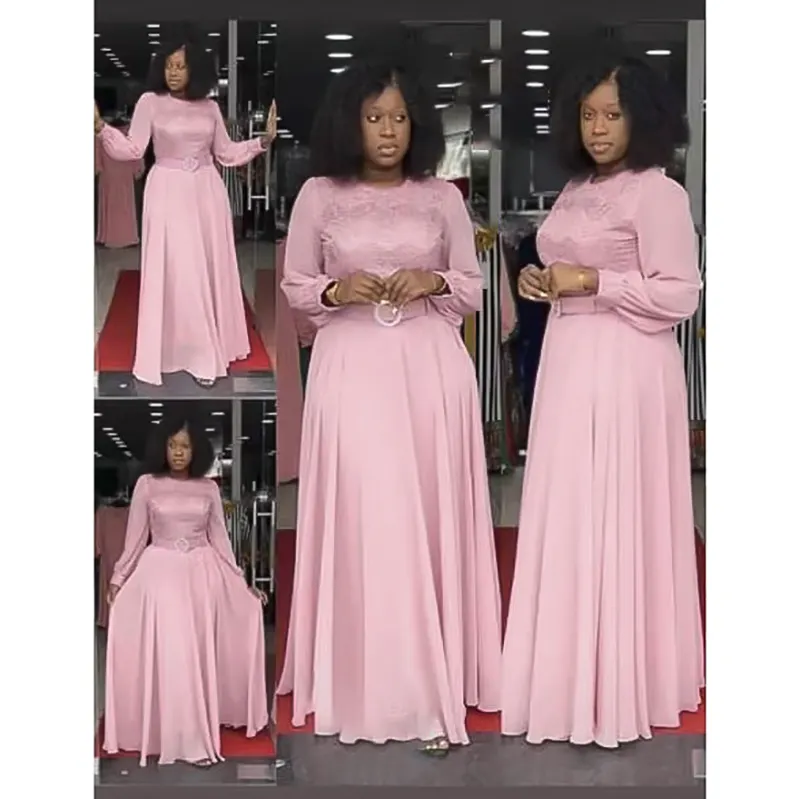 2021 hot seller African Spring And Summer elegant Dress With Belt Chiffon Muslim Women's Dress Large Size Swing Skirt