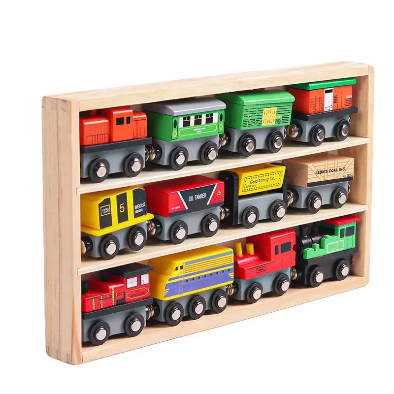 Juguete de madera en caja para niños, modelo magnético, juego de coches de tren