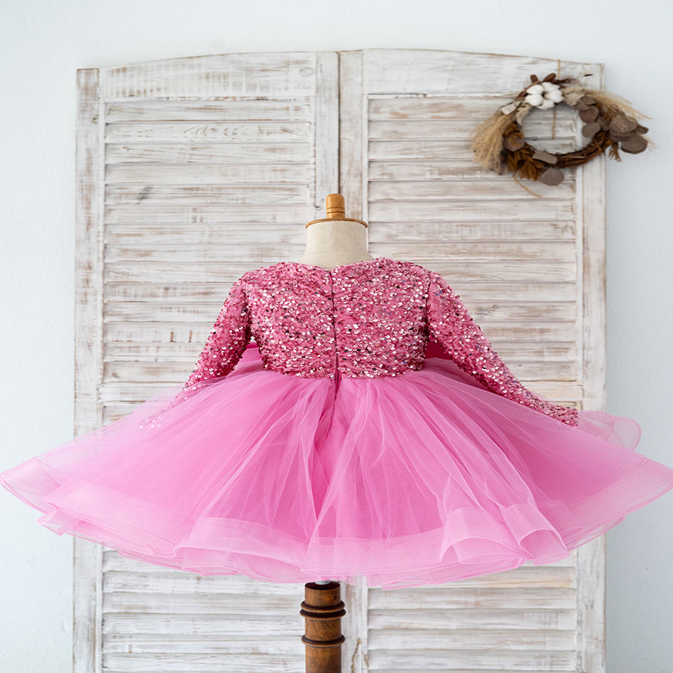 Robe TUTU à manches longues pour filles, en Tulle, motif de fleurs