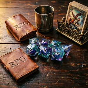 Juego de dados de resina de 7 piezas con núcleo líquido cian profundo transparente, borde afilado, ojo de dragón púrpura enredado y vena de llama para D&D COC RPG - Product Image 2