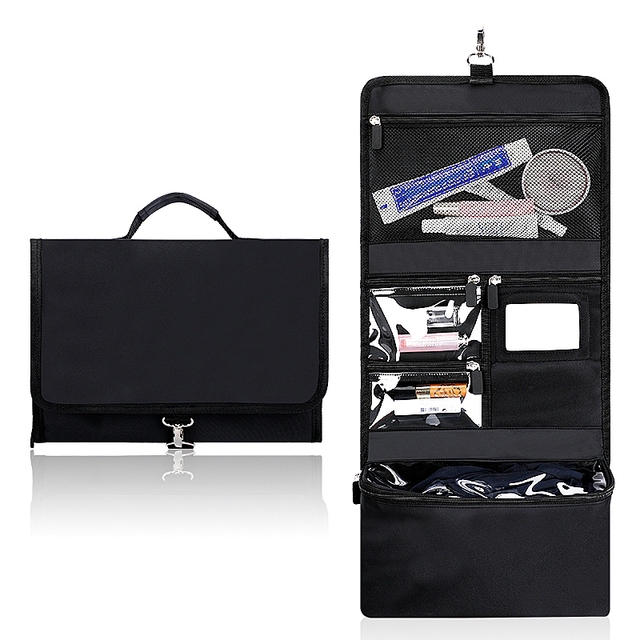 Foldable Travel Toiletry Bag with Mesh & Transparent PVC Pockets Waterproof Hanging Cosmetic Organizer Makeup Mirror Storage